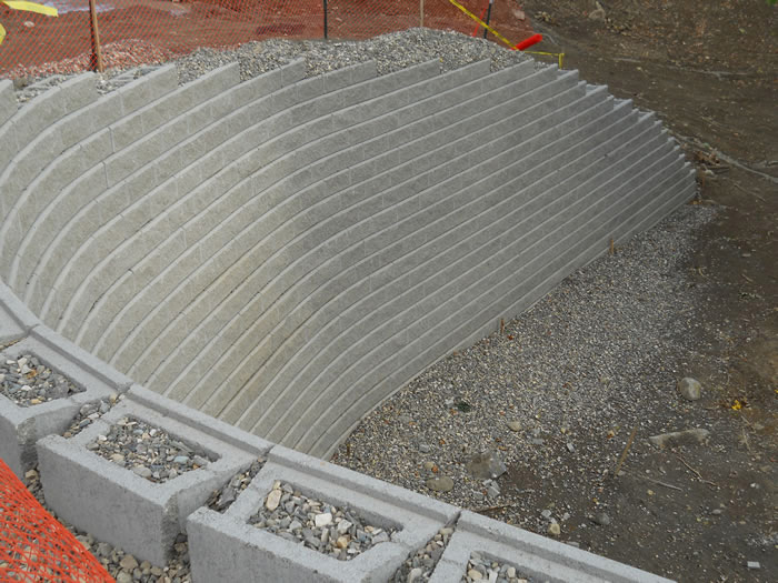 Retaining wall erosion control with concrete block system