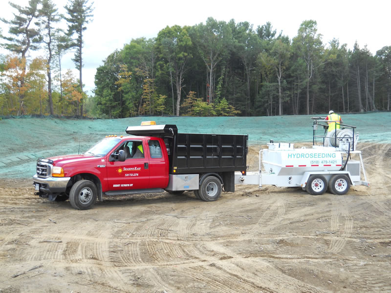 Seasons East hydroseeding truck and equipment on job site